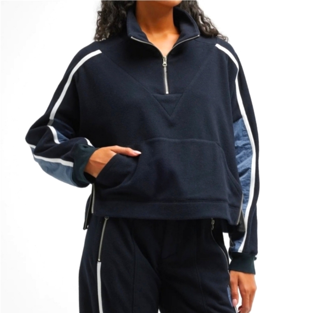Free People Arena Fleece Quarter Zip Navy Fleece Pullover Relaxed Fit Medium